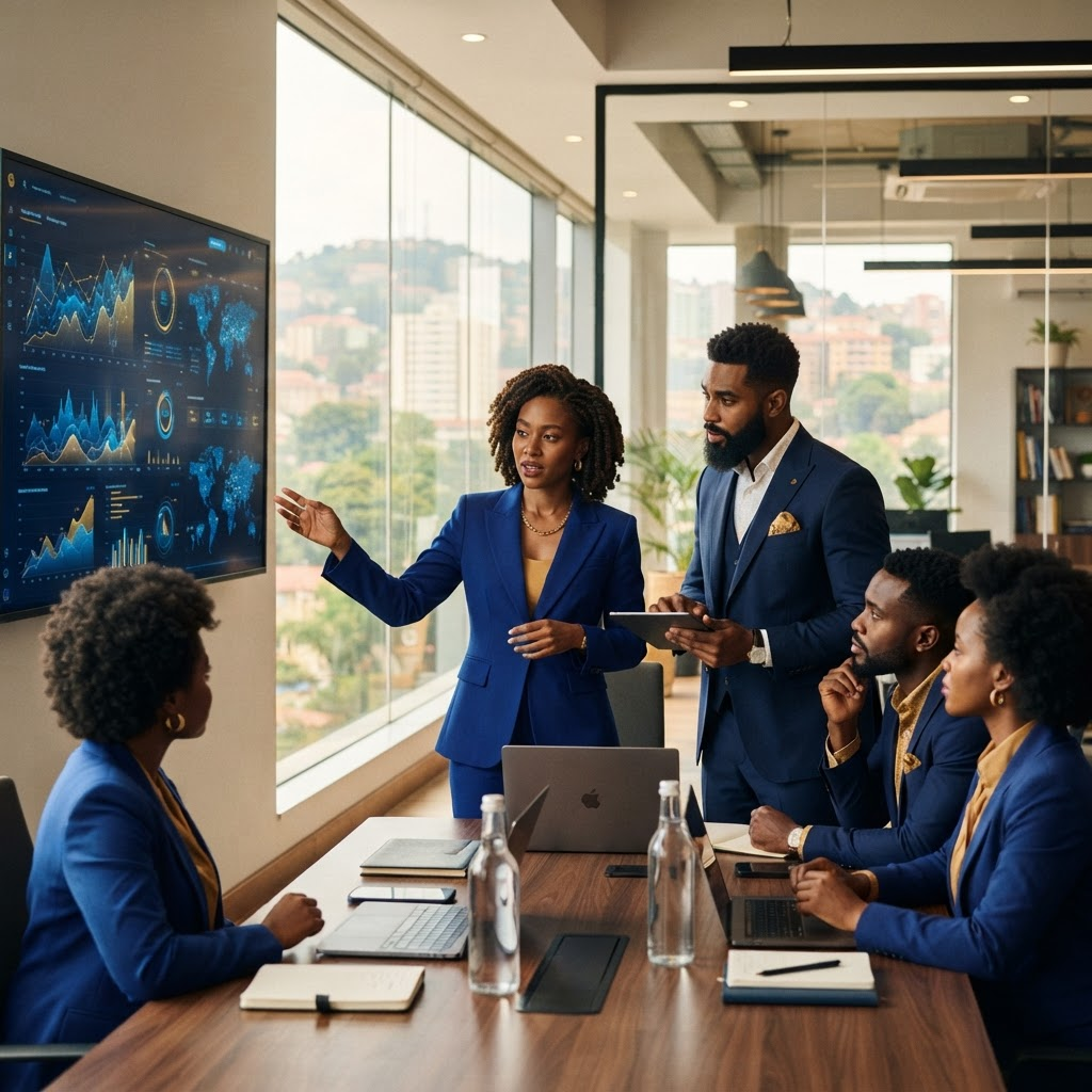 A modern African business team collaborating around a screen in a Kampala office