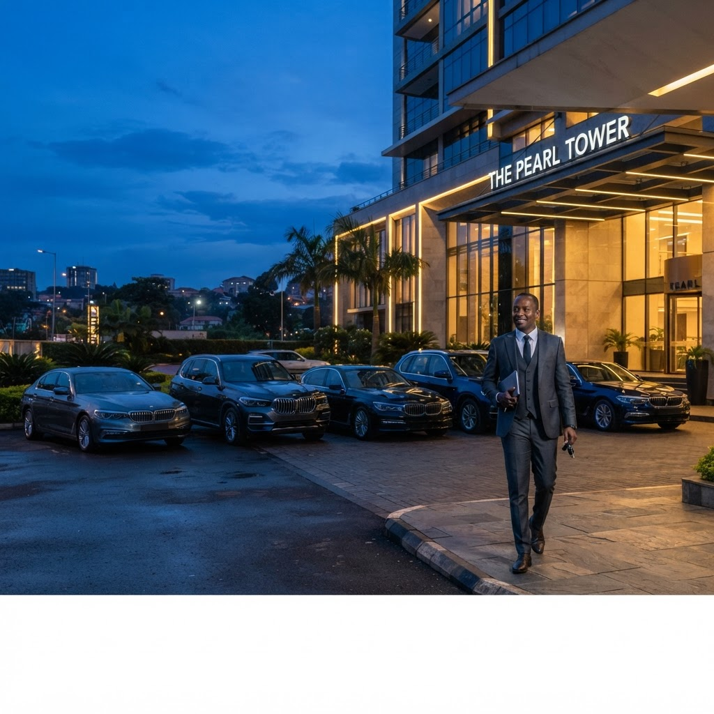 A clean corporate fleet outside a contemporary Kampala office at dusk