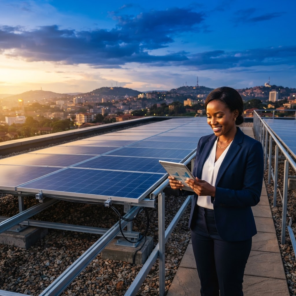 A modern rooftop solar array in Kampala at golden hour, reviewed by a confident executive
